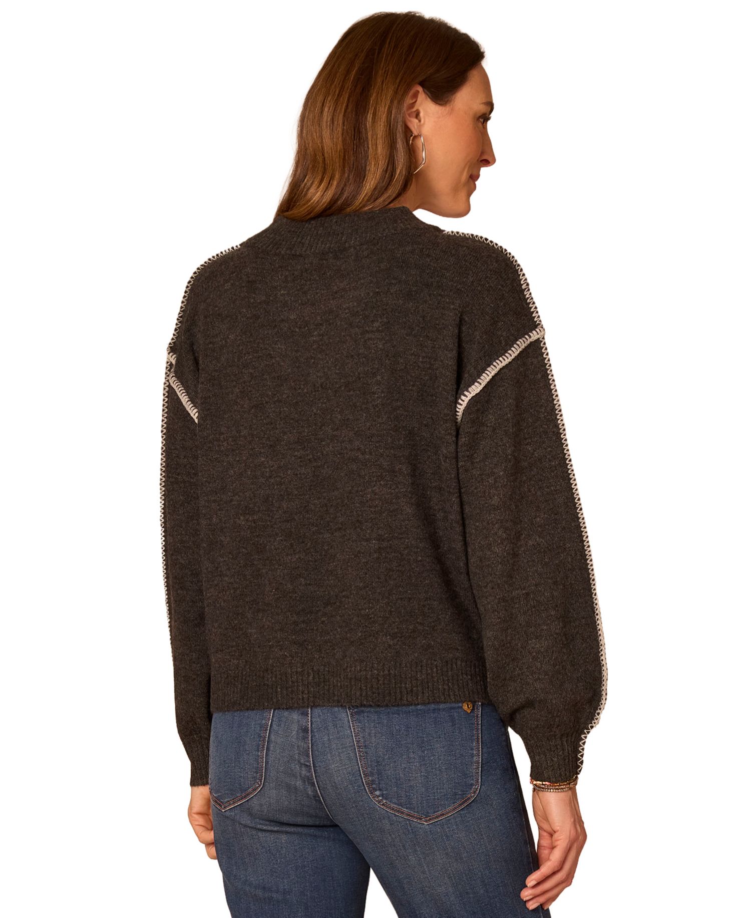 Petite Whip-Stitch Long-Blouson Sleeves V-Neck Pullover Sweater