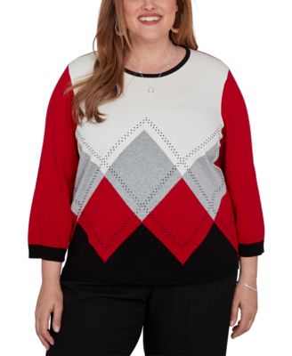 Plus Size Argyle Beaded 3/4-Sleeve Cotton-Blend Sweater