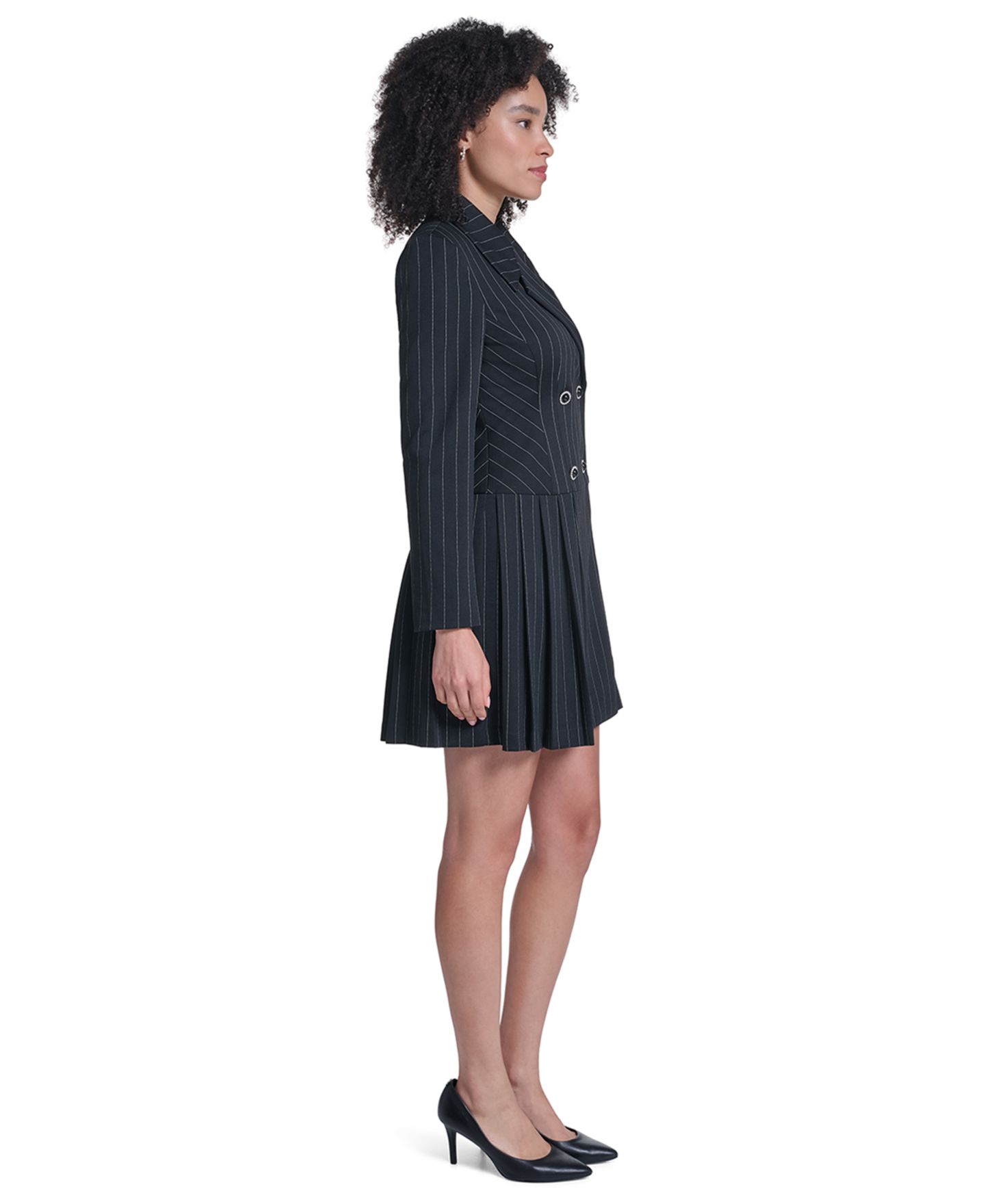 Женское платье KARL LAGERFELD PARIS Pinstripe Pleated Skirt Blazer, цвет: Чёрный / Мягкий белый — фото 2