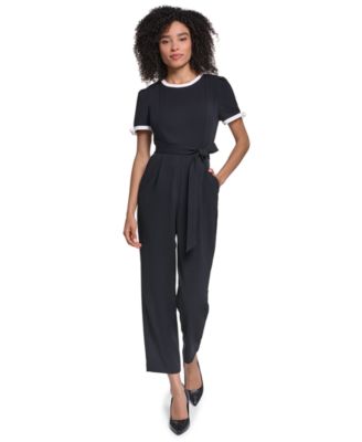 Women's Scuba Crepe  Jumpsuit Self Tie And Contrast Collar And Sleeve Trim
