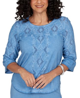 Petite Provence Tonal Diamond Applique Crewneck 3/4-Sleeve Top