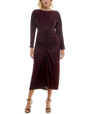 Women's Ruched Satin Dolman-Sleeve Midi Dress