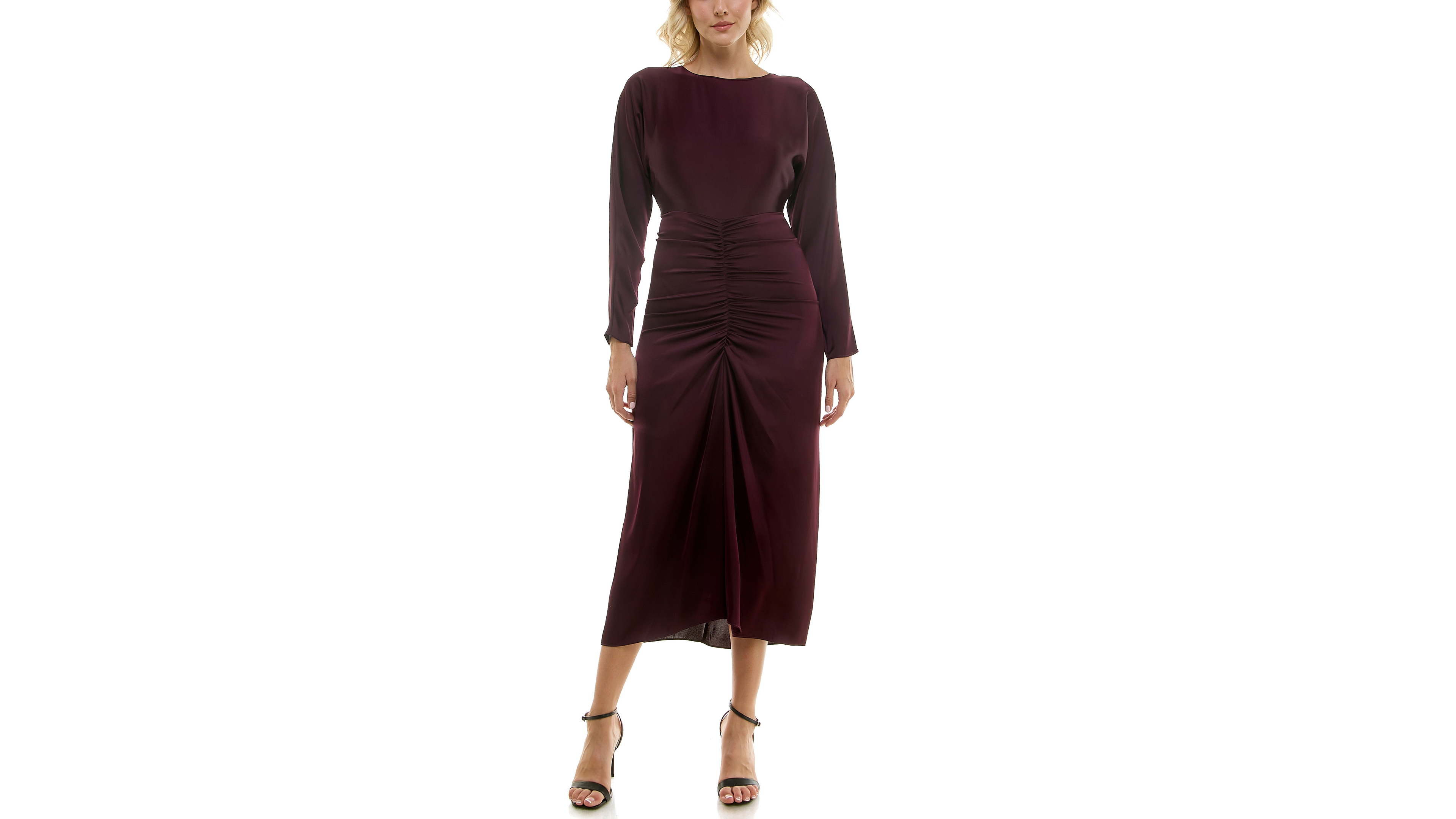 Taylor Women's Ruched Satin Dolman-Sleeve Midi Dress