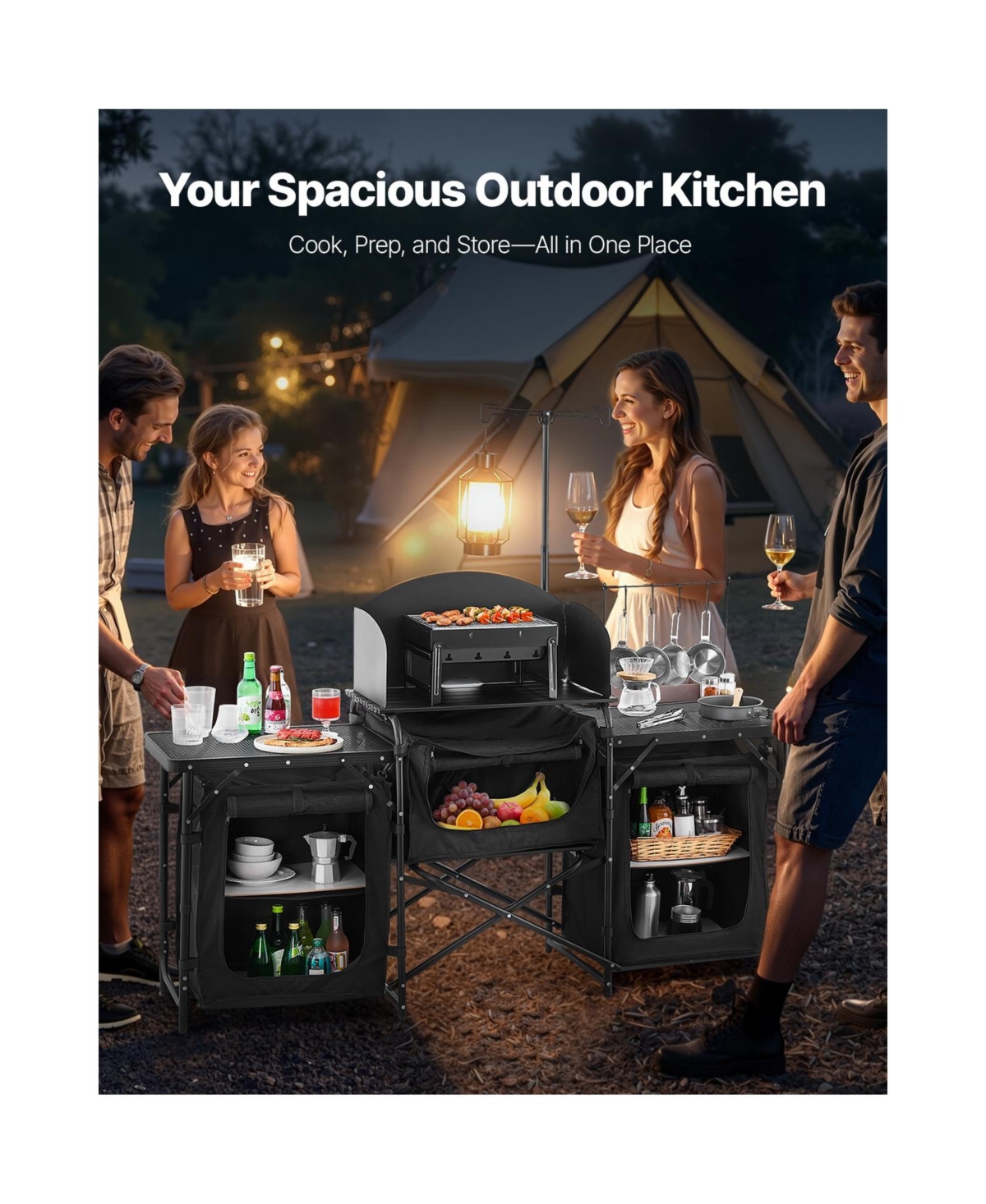 Sevorley Aluminum Camping Kitchen Table with Windscreen and 3 Storage Cupboards