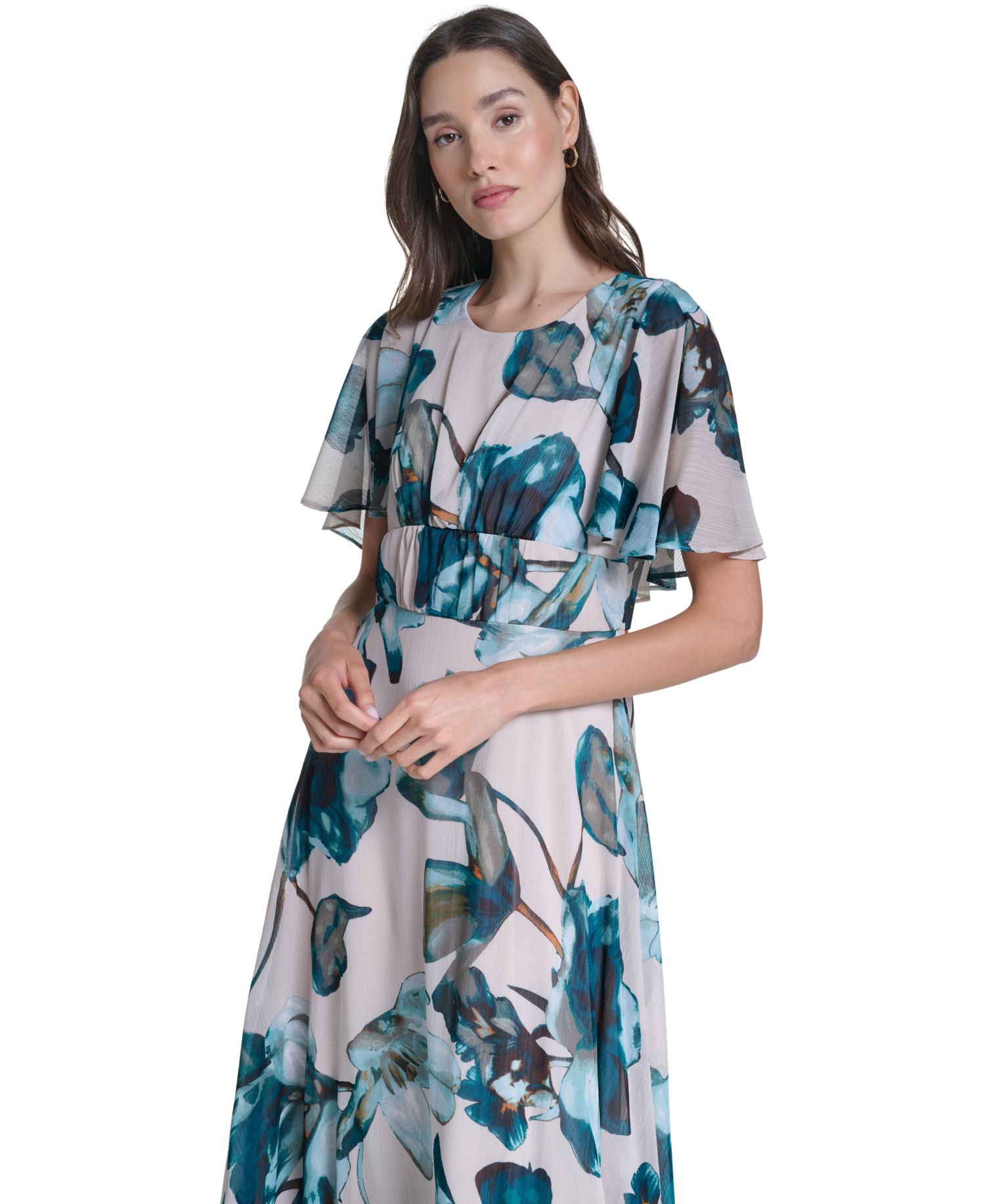 Women's Floral Flutter-Sleeve A-Line Dress