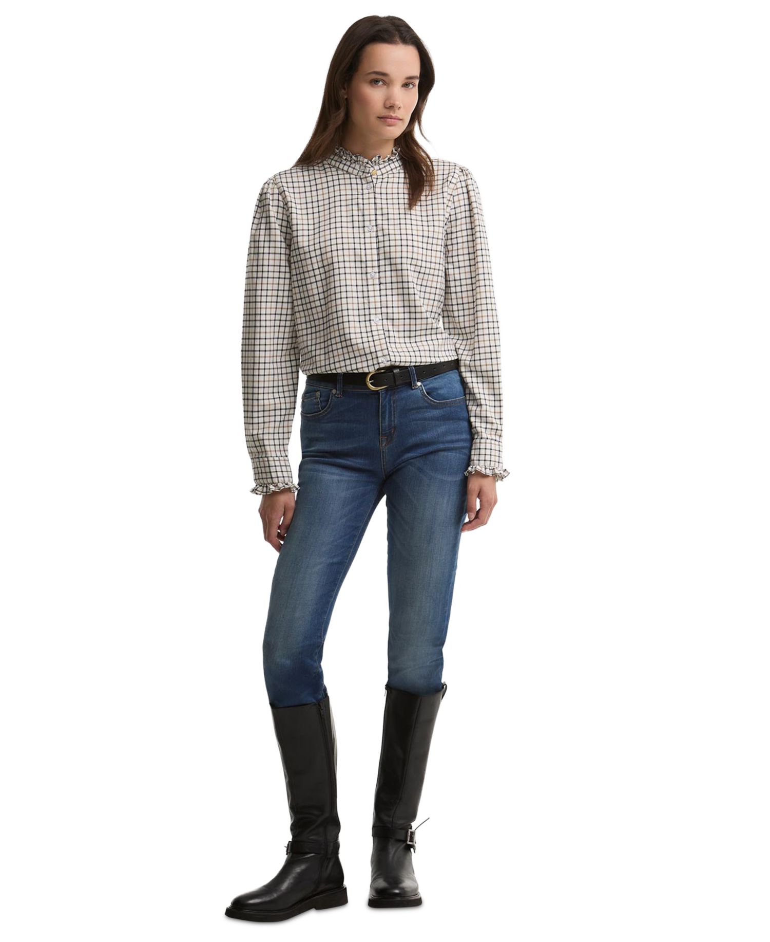 Women's Fareham Plaid Ruffle-Neck Lyocell-Blend Shirt