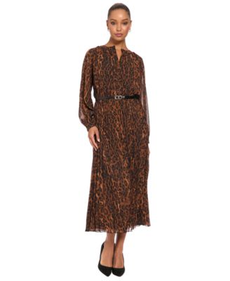 Petite Belted Pleated Skirt Chi Leopard-Print Long-Sleeve Dress