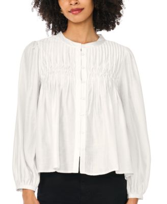 Women's Button-Front Long-Sleeve Crewneck Blouse