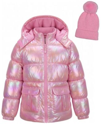 Girls' 5-16 Iridescent Puffer Jacket with Knit Hat, 2-Piece Set