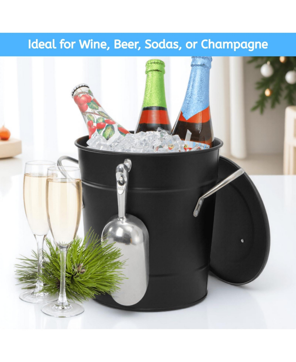Piscifun Double Walled Galvanized Steel Ice Bucket With Lid And Scoop Carry Handles For Parties Camping Bbq
