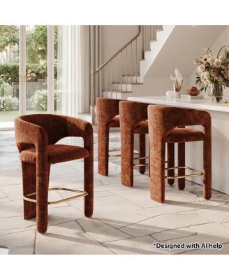 Counter Height Upholstered Bar Stools Set of 4, Chenille Fabric, Curved Barrel Back, Breakfast Bar Chairs