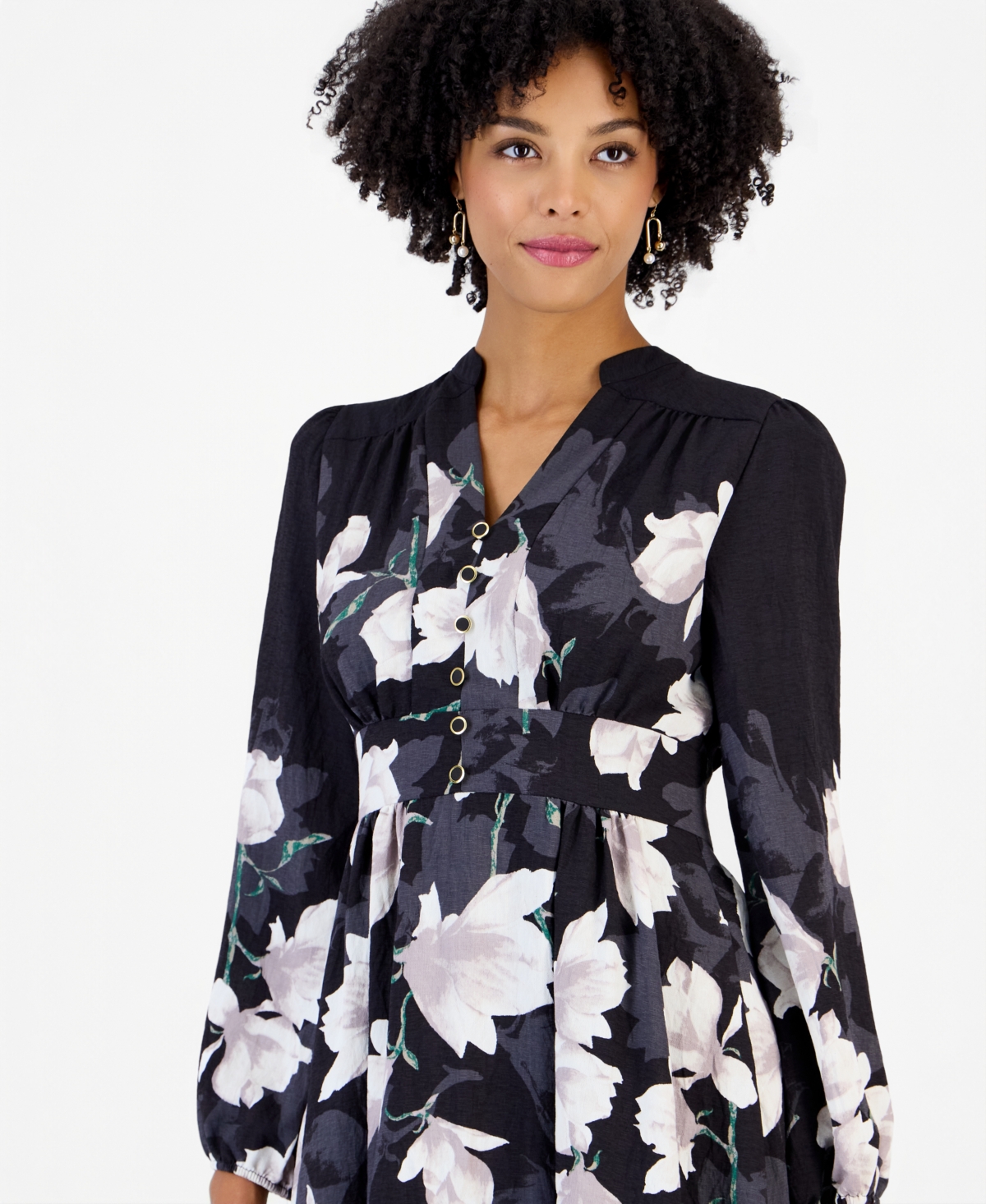 Tahari Asl Women's Long-Sleeve V-Neck Floral-Print Shirt Dress