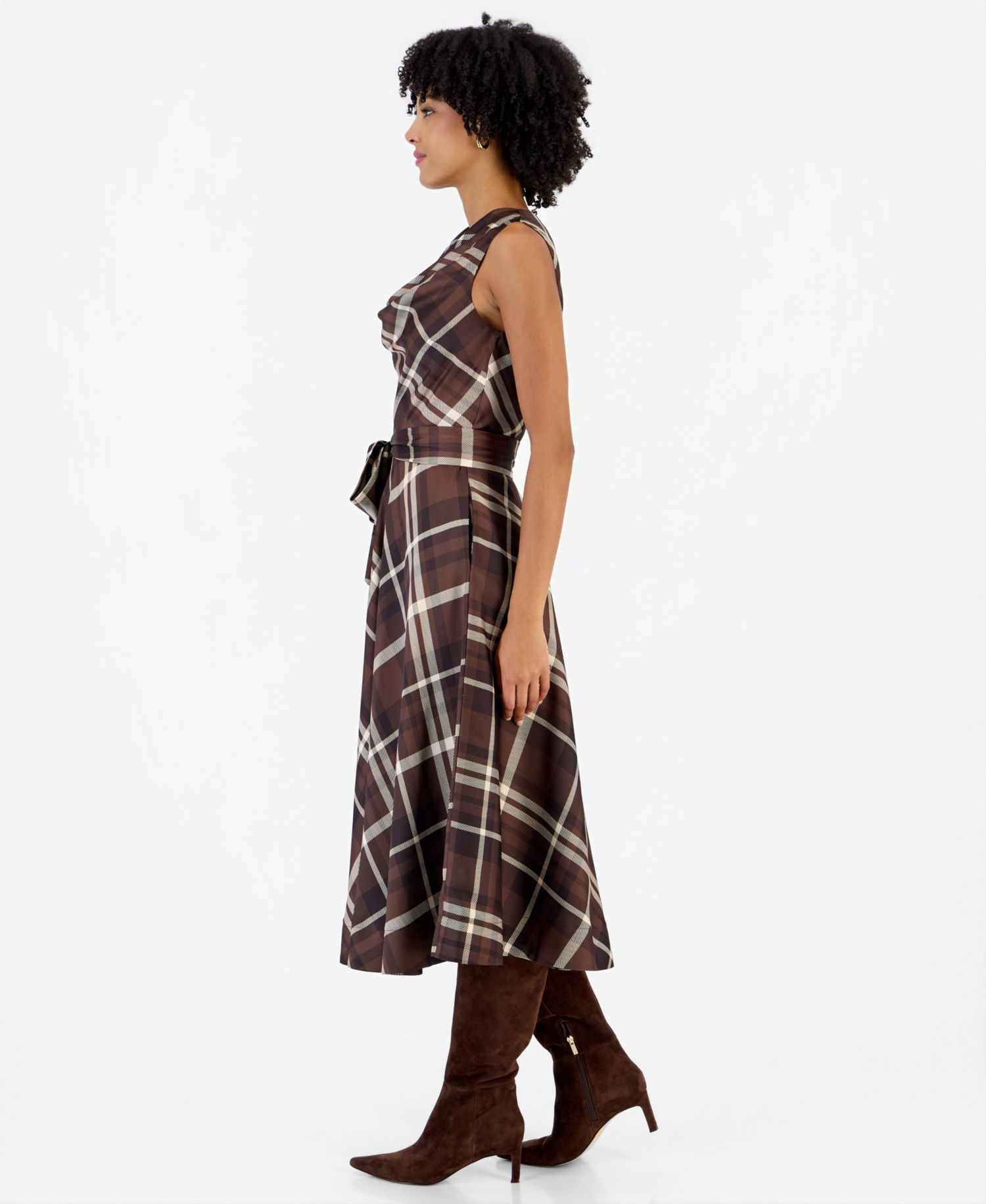 Women's Drape Neck Plaid Midi A-Line Dress