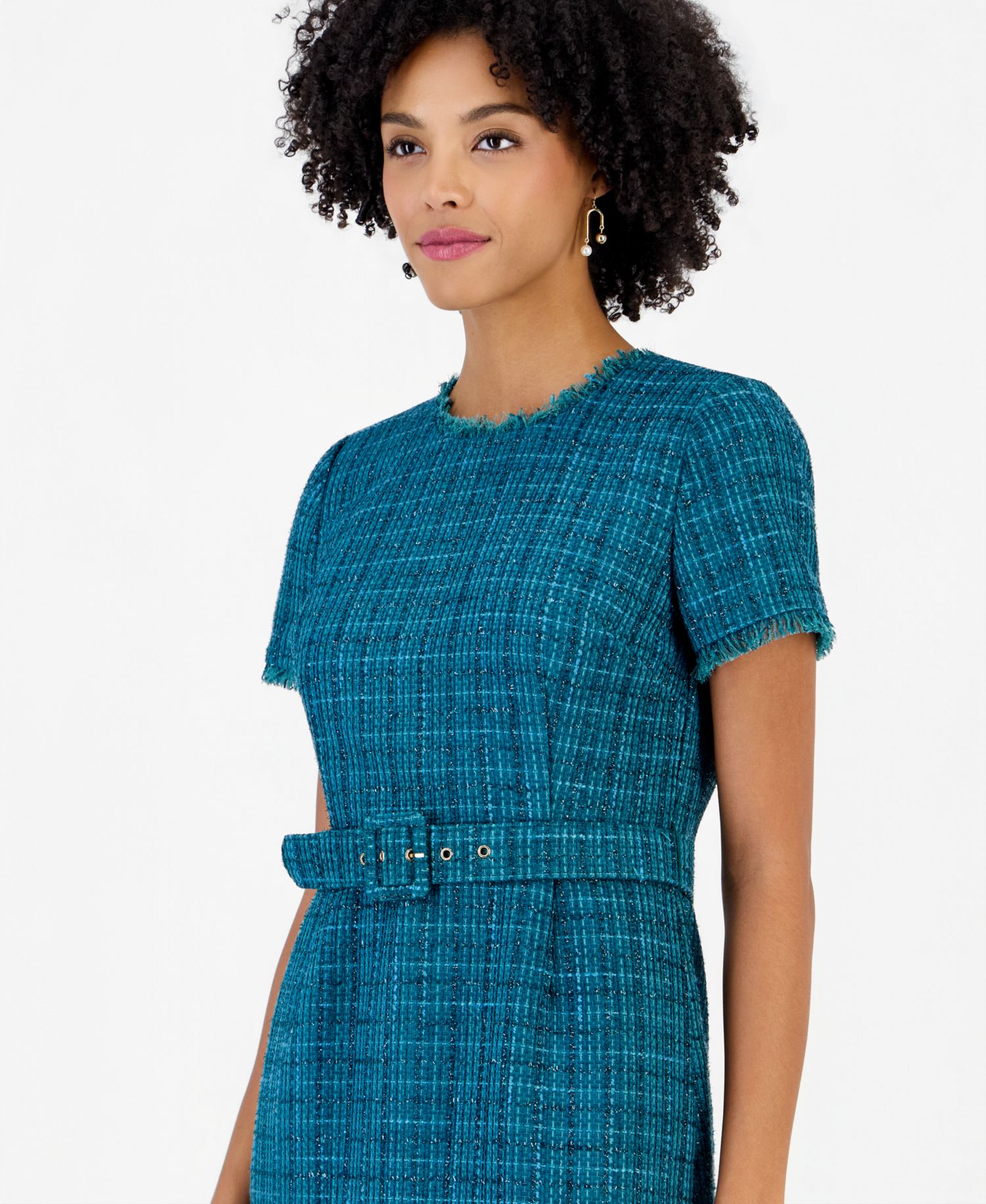 Women's Plaid Short-Sleeve Belted Dress