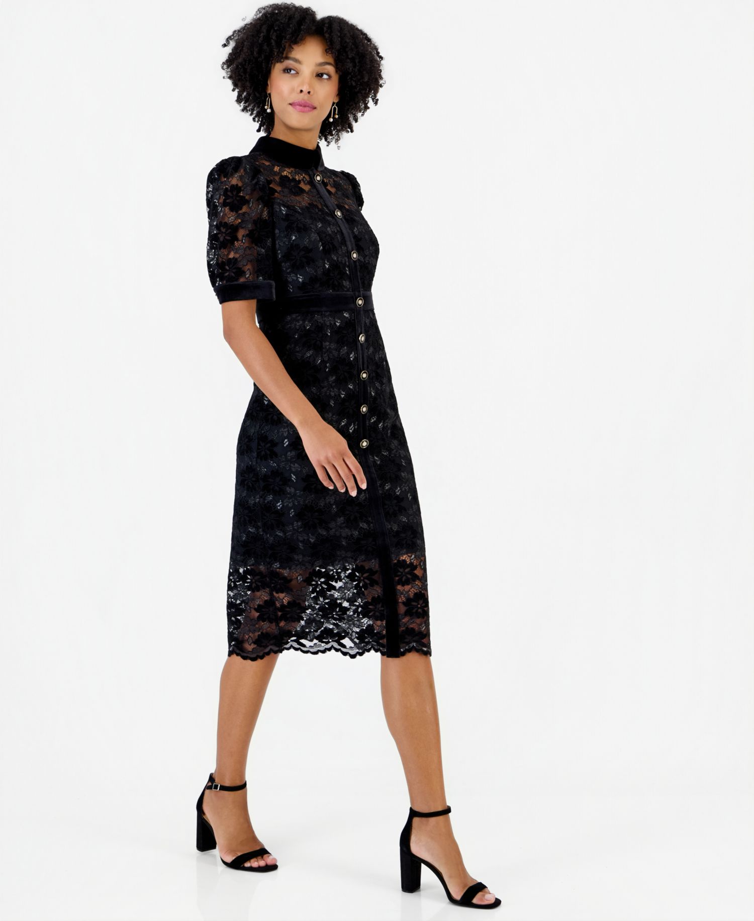 Women's Lace and Velvet Floral Midi Shirt Dress