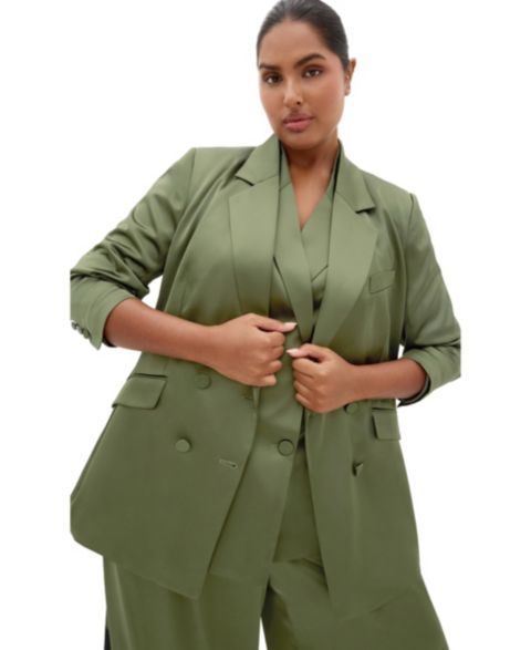 Женский пиджак CITY CHIC Plus Size Rylie Double-Breasted Satin Mid-Length Blazer, цвет: Оливковый