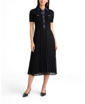 Women's Short Sleeve Twofer Dress with Pleated Skirt