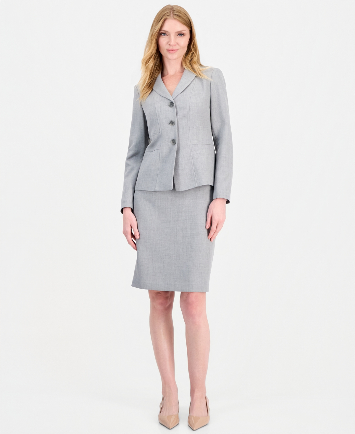 Le Suit Women's Melange Slim-Fit Peak-Lapel 3-Button Blazer and Skirt, 2-Piece Set