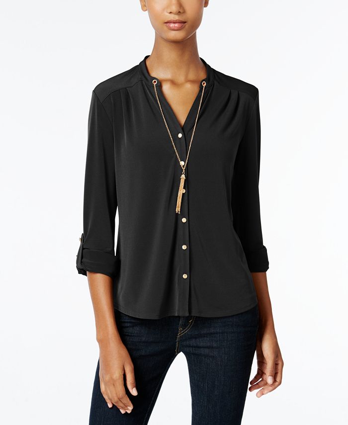 NY Collection Petite Chain-Necklace Shirt - Macy's