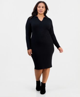 Plus Size Long-Sleeve Bodycon Polo Collar V-Neck Rayon-Polyester Blend Midi Dress