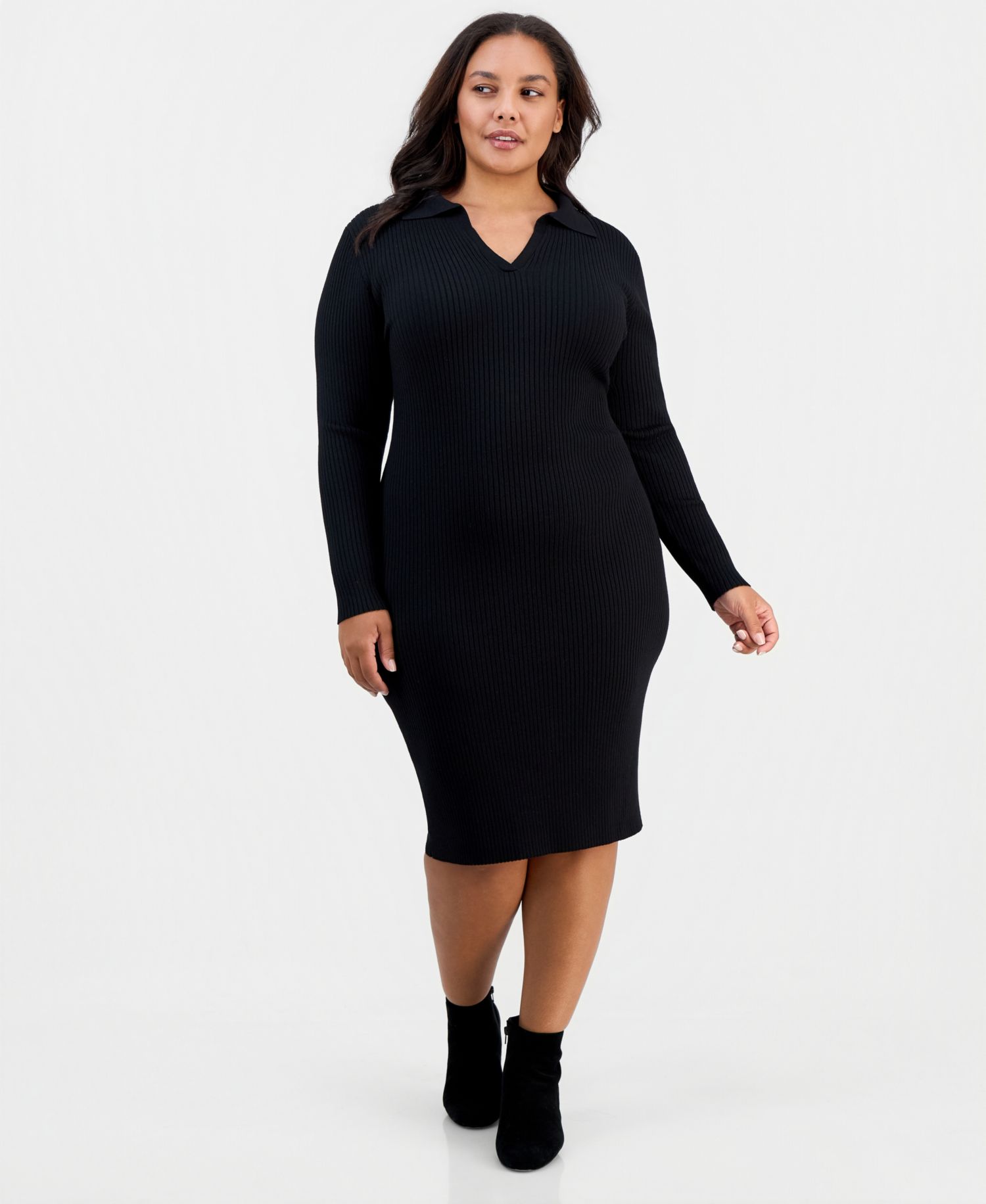 Plus Size Long-Sleeve Bodycon Polo Collar V-Neck Rayon-Polyester Blend Midi Dress