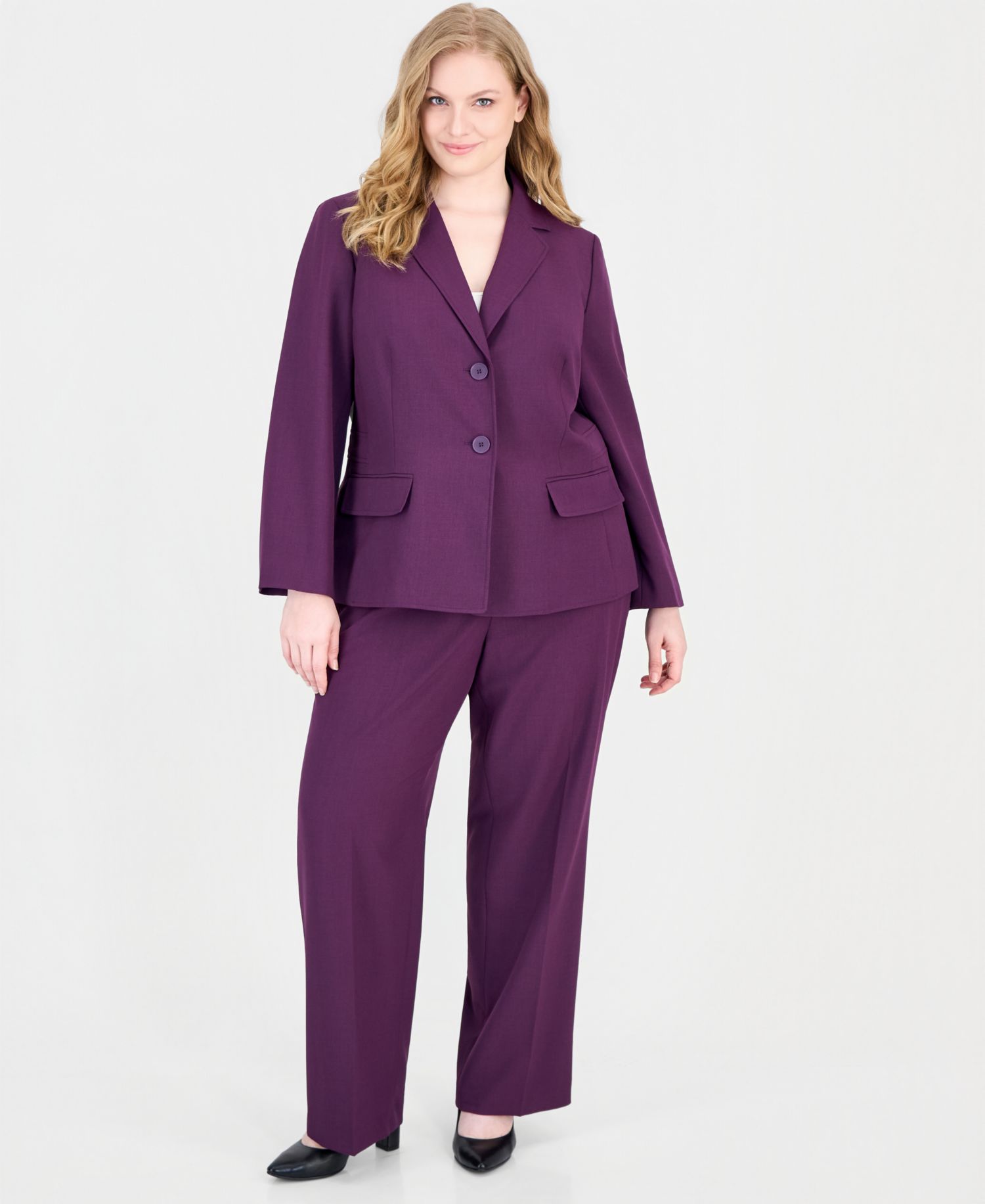 Plus Size Classic Fit Inset Waist Two Button Notch Collar Jacket and Wide Leg Pant, 2-Piece Set