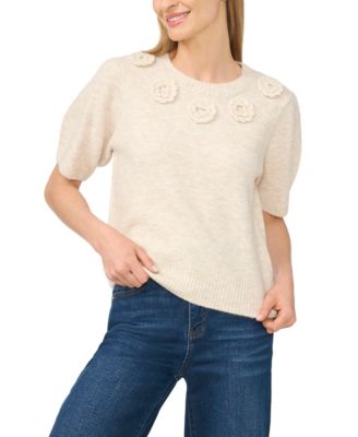 Women's Short-Sleeve Crewneck Knit-Flower Sweater