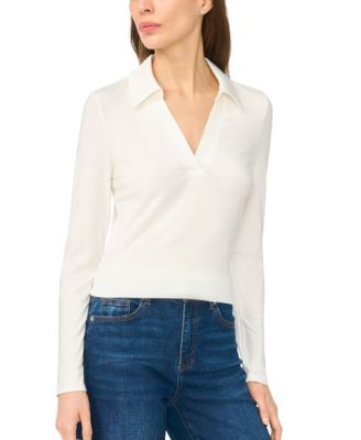 Women's Woven-Collar Knit Long-Sleeve Top