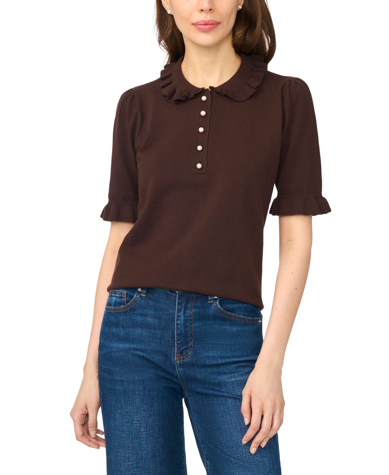 Women's Short-Sleeve Ruffle-Collar Ribbed-Knit Polo Sweater