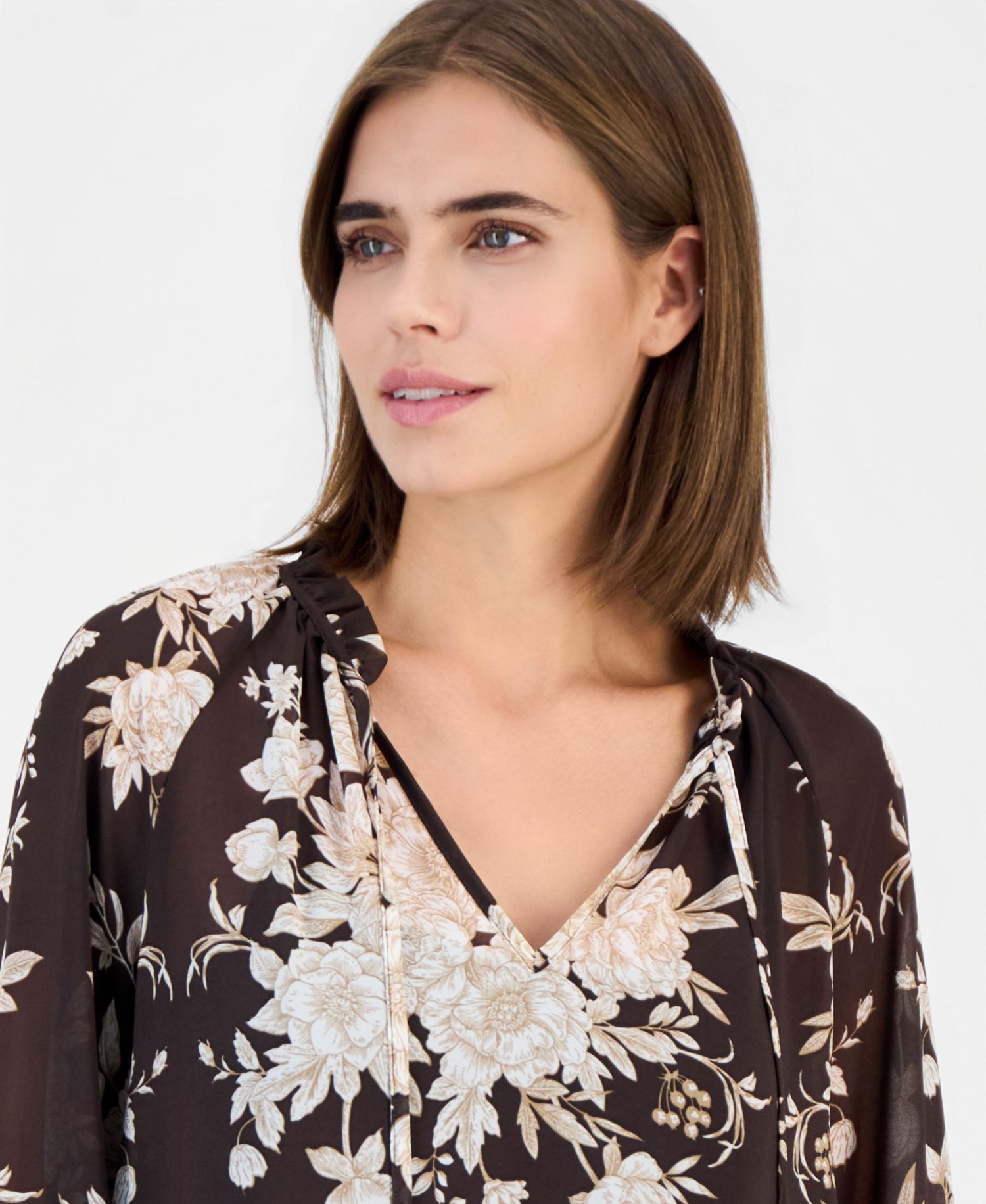 Women's Bow-Tie Neck Long-Sleeve Floral Blouse