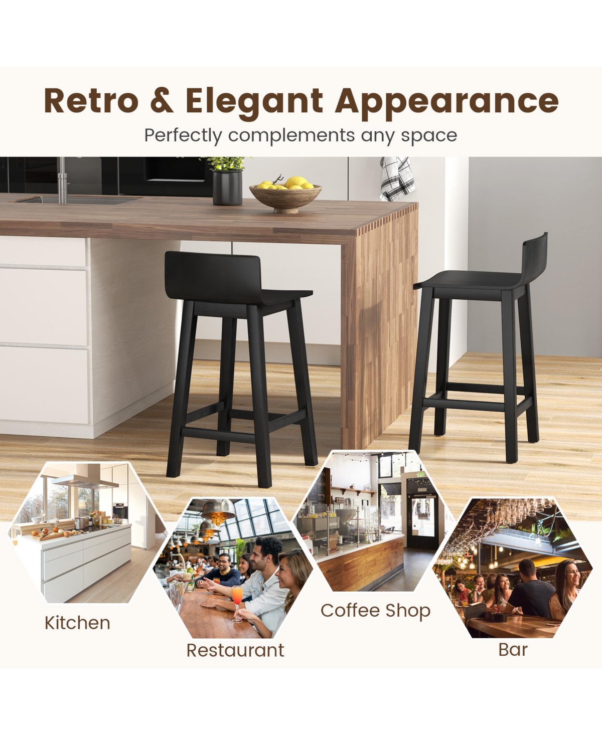 Wooden Bar Stools Set of 2 with Solid Backrest and Seat Design