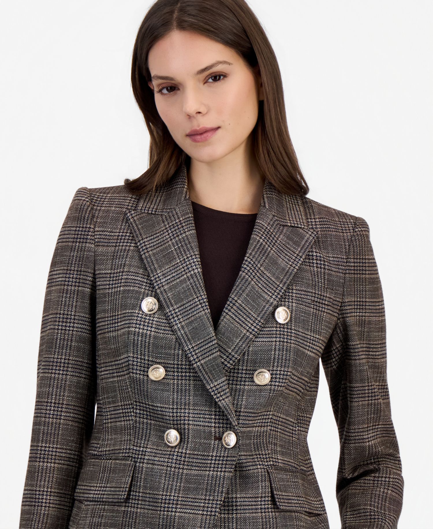 Petite Double Breasted Plaid Stretch Blazer