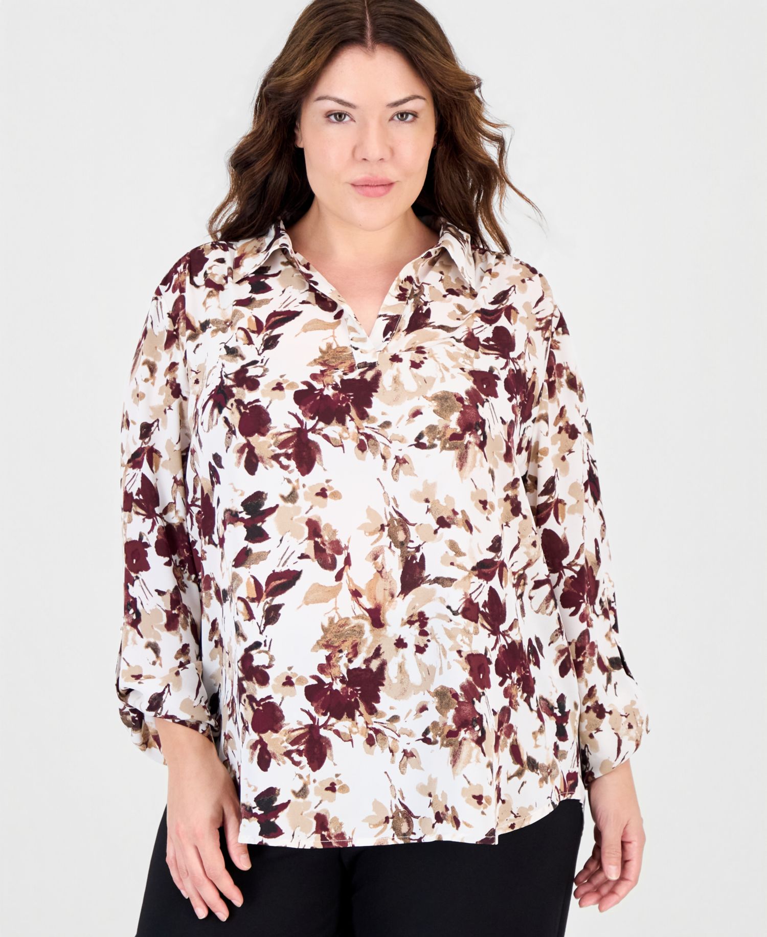 Plus Size Floral Roll-Tab V-Neck Blouse