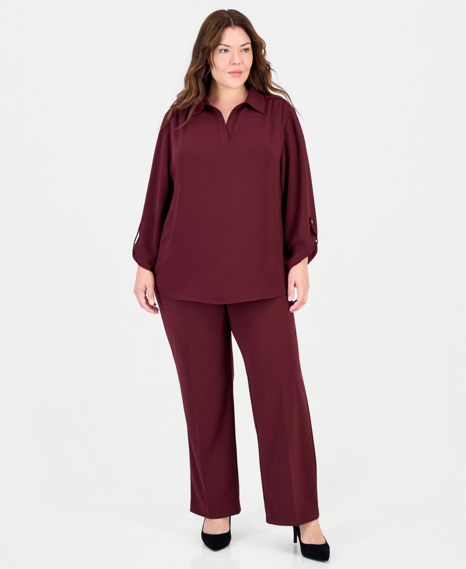 Plus Size Long-Sleeve Button-Down Roll-Tab Blouse