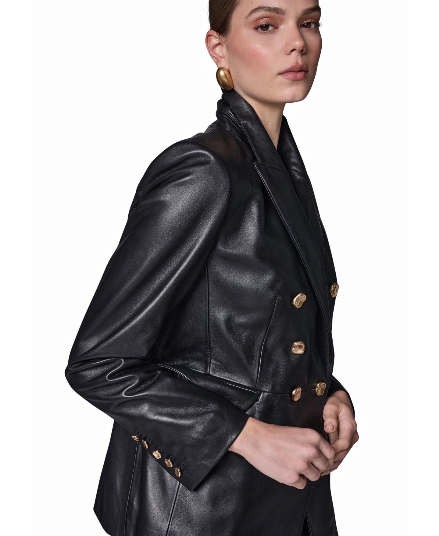 Женский пиджак Donna Karan New York Double-Breasted Leather Blazer, цвет: Чёрный — фото 4