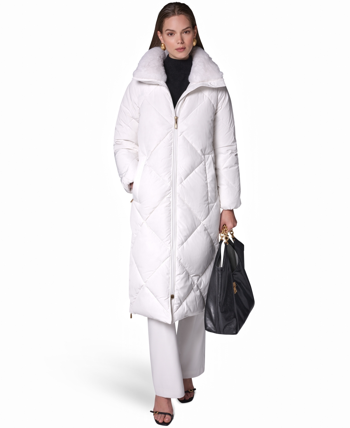Donna Karan New York Women's Quilted Midi-Length Faux Fur-Trimmed Puffer Coat - IVORY