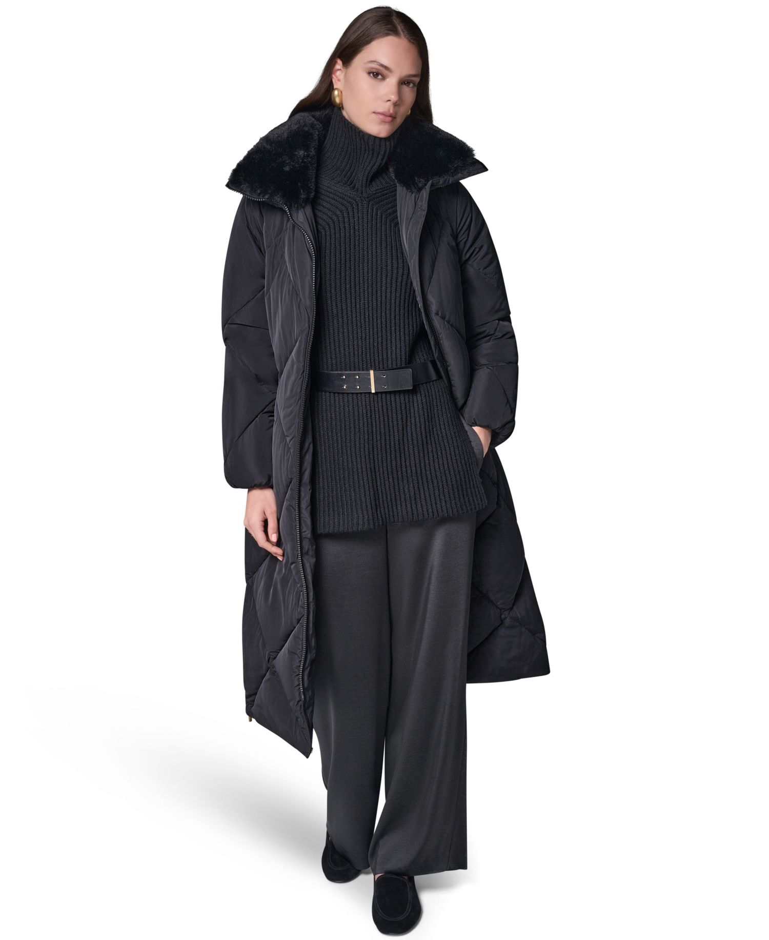 Women's Quilted Midi-Length Faux Fur-Trimmed Puffer Coat