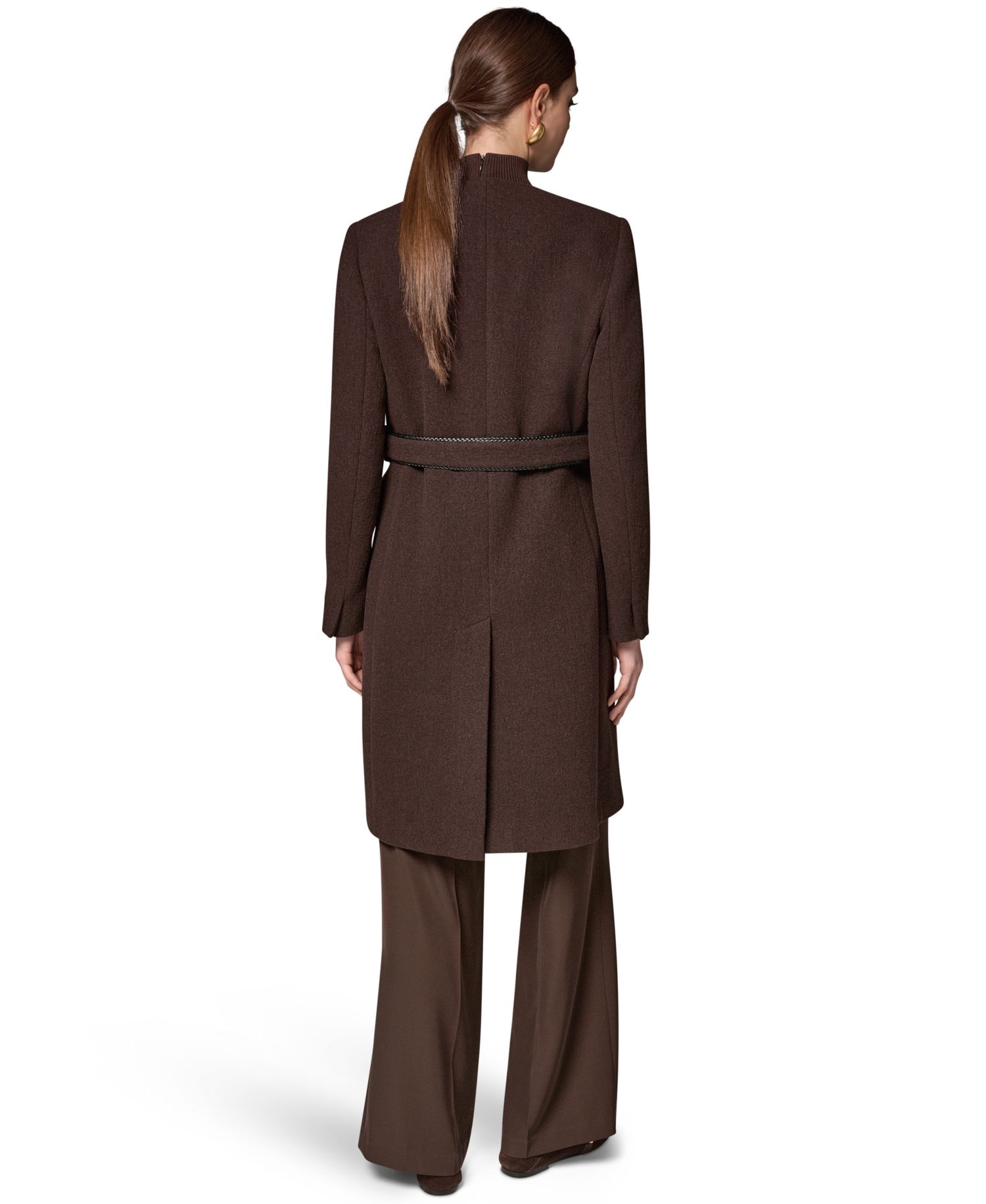 Women's Collarless Wool-Blend Pleather Trim Coat