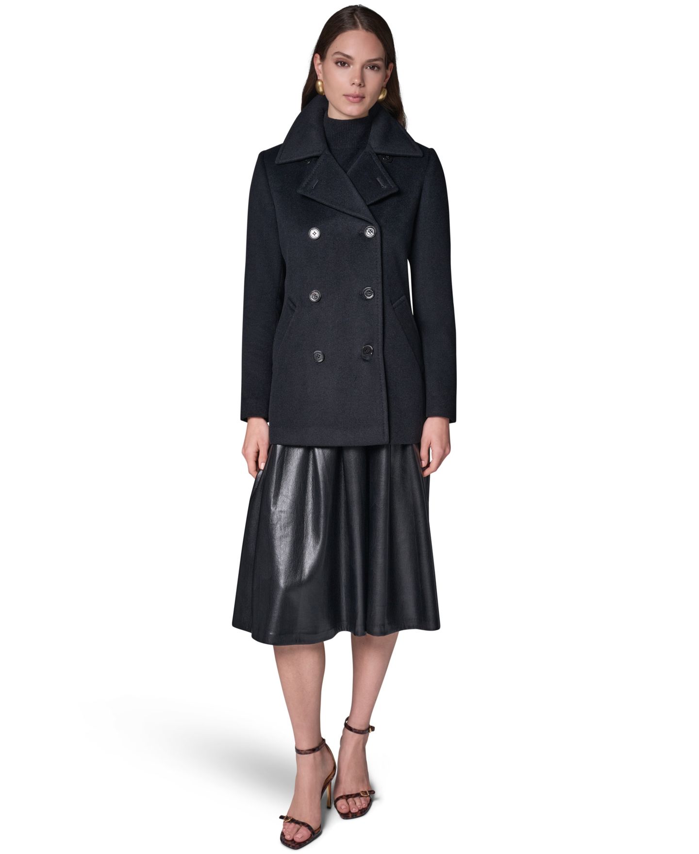 Женское короткое двубортное шерстяное пальто Donna Karan New York, цвет: Чёрный — фото 2