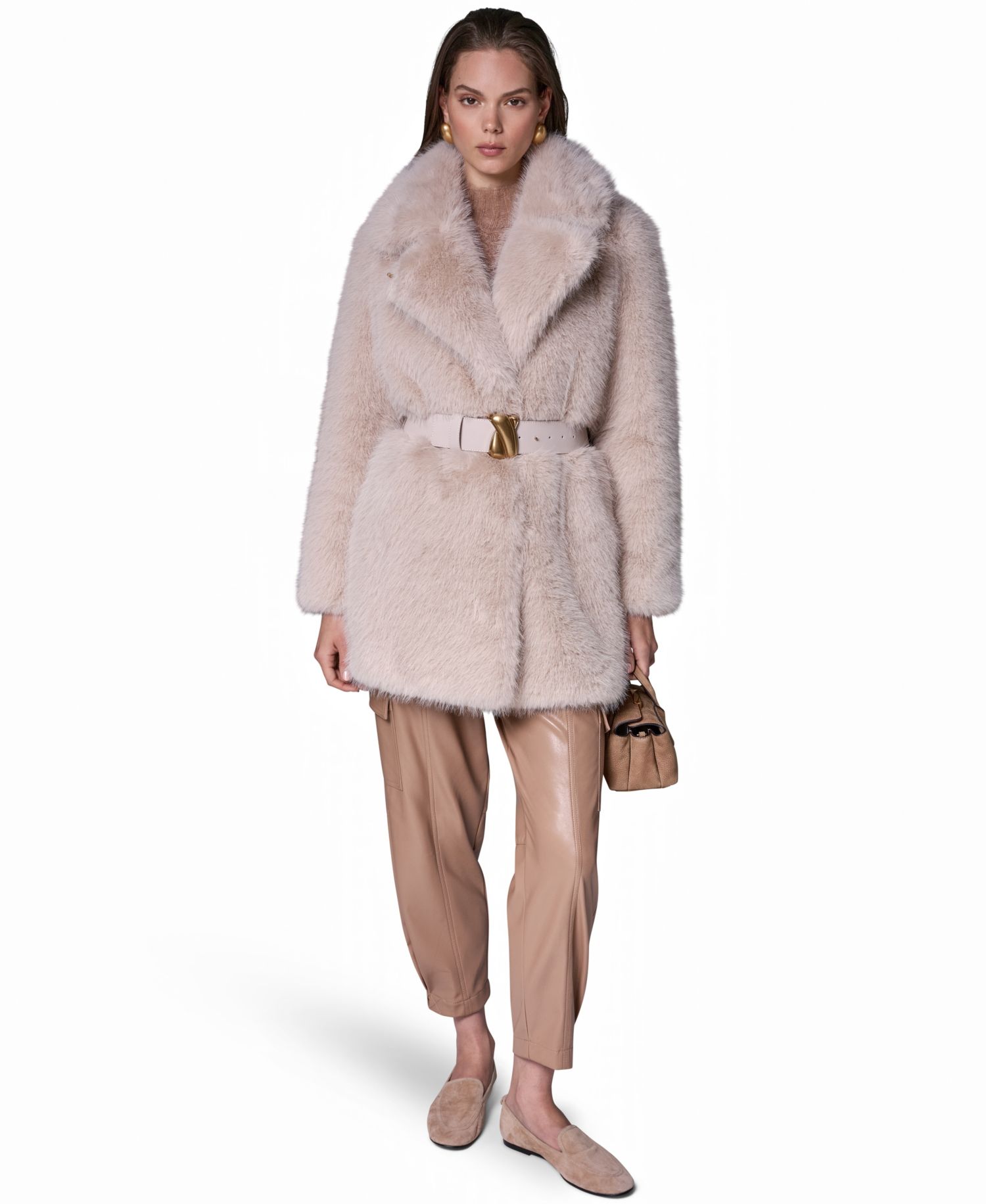 Womens Belted Collared Faux Fur Coat