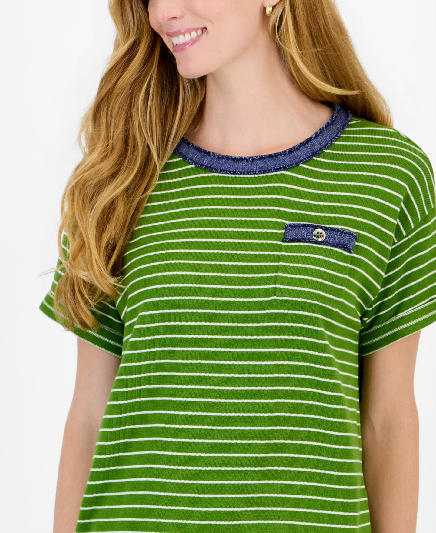 Женский свитер Nautica Short-Sleeve Striped Denim-Trim Cotton-Acrylic Blend, цвет: Яркий белый — фото 3