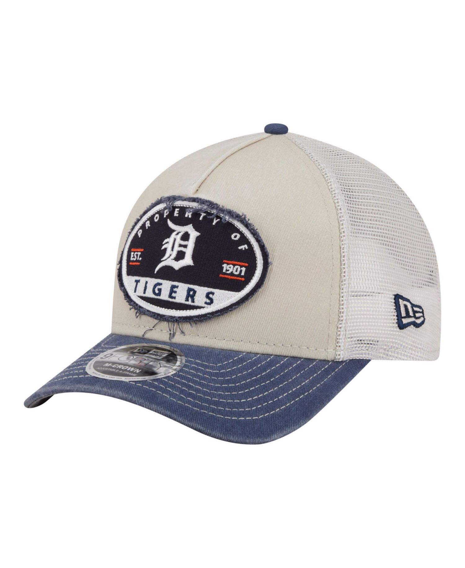 Men's Light Beige/Navy Detroit Tigers Frayed M-Crown A-Frame 9FORTY Trucker Adjustable Hat