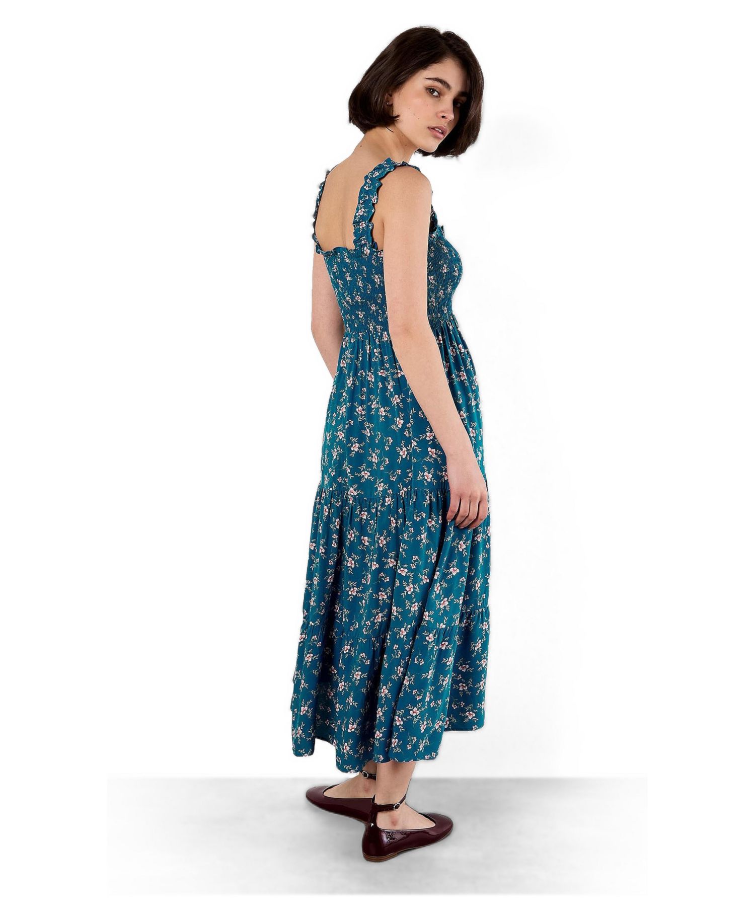 Women's Orchid Floral-Print Square Neck Tiered Midi Dress