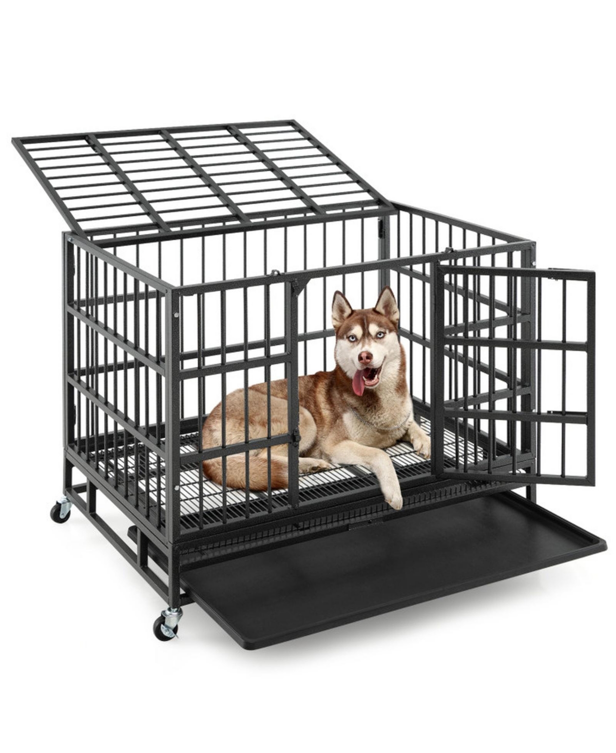 Hongge 38 in Foldable Heavy-Duty Metal Dog Crate with Rolling Casters and Pull-Out Tray
