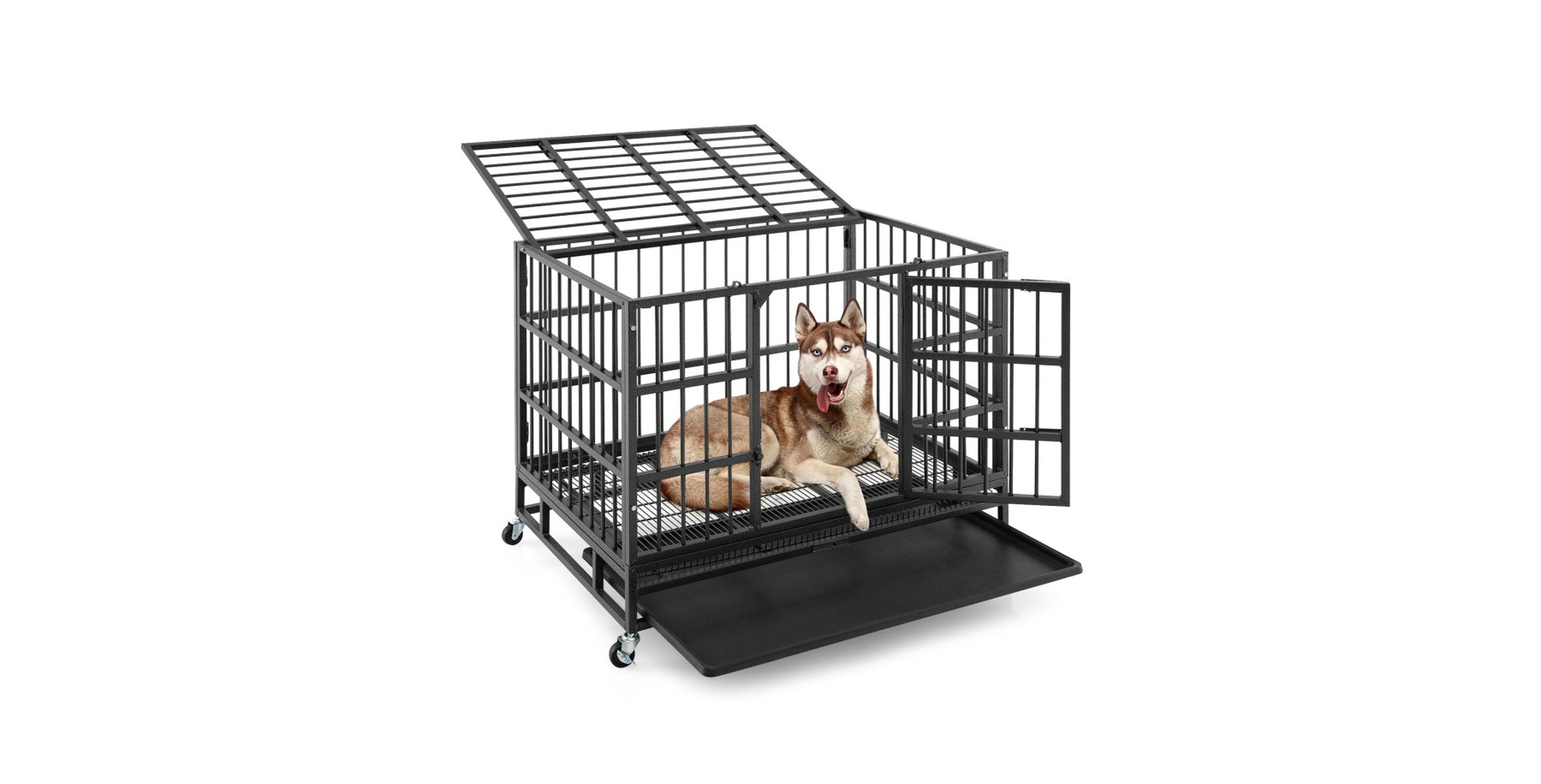 Hongge 38 in Foldable Heavy-Duty Metal Dog Crate with Rolling Casters and Pull-Out Tray