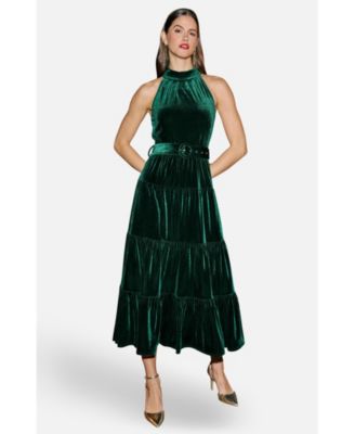 Women's Velvet Halter-Neck Tiered Maxi Dress
