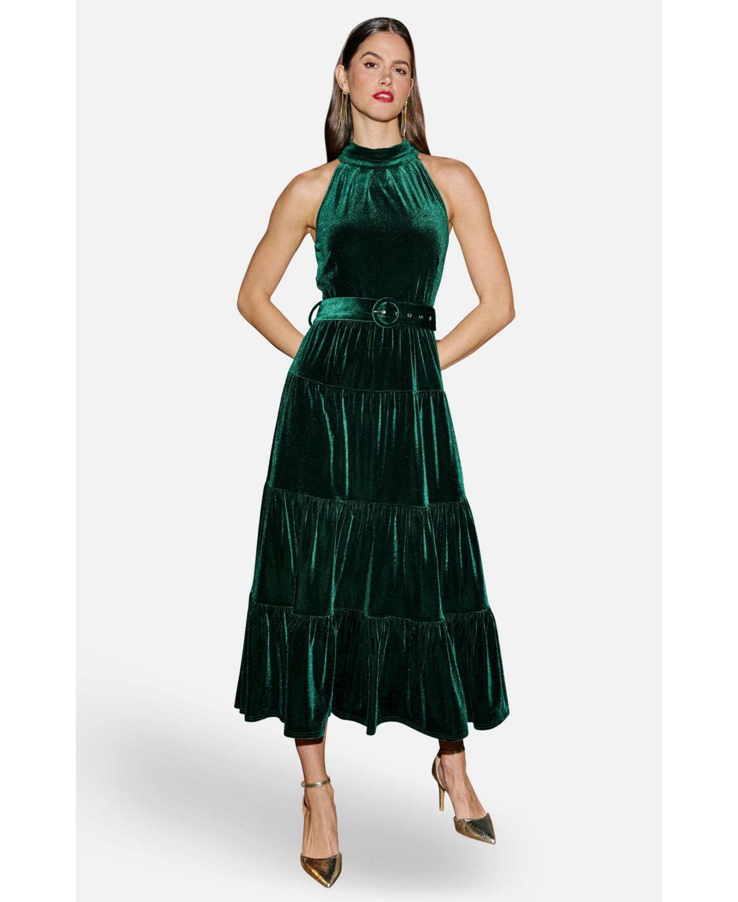 Женское платье Yumi Velvet Halter-Neck Tiered Maxi, цвет: Зелёный — фото 1
