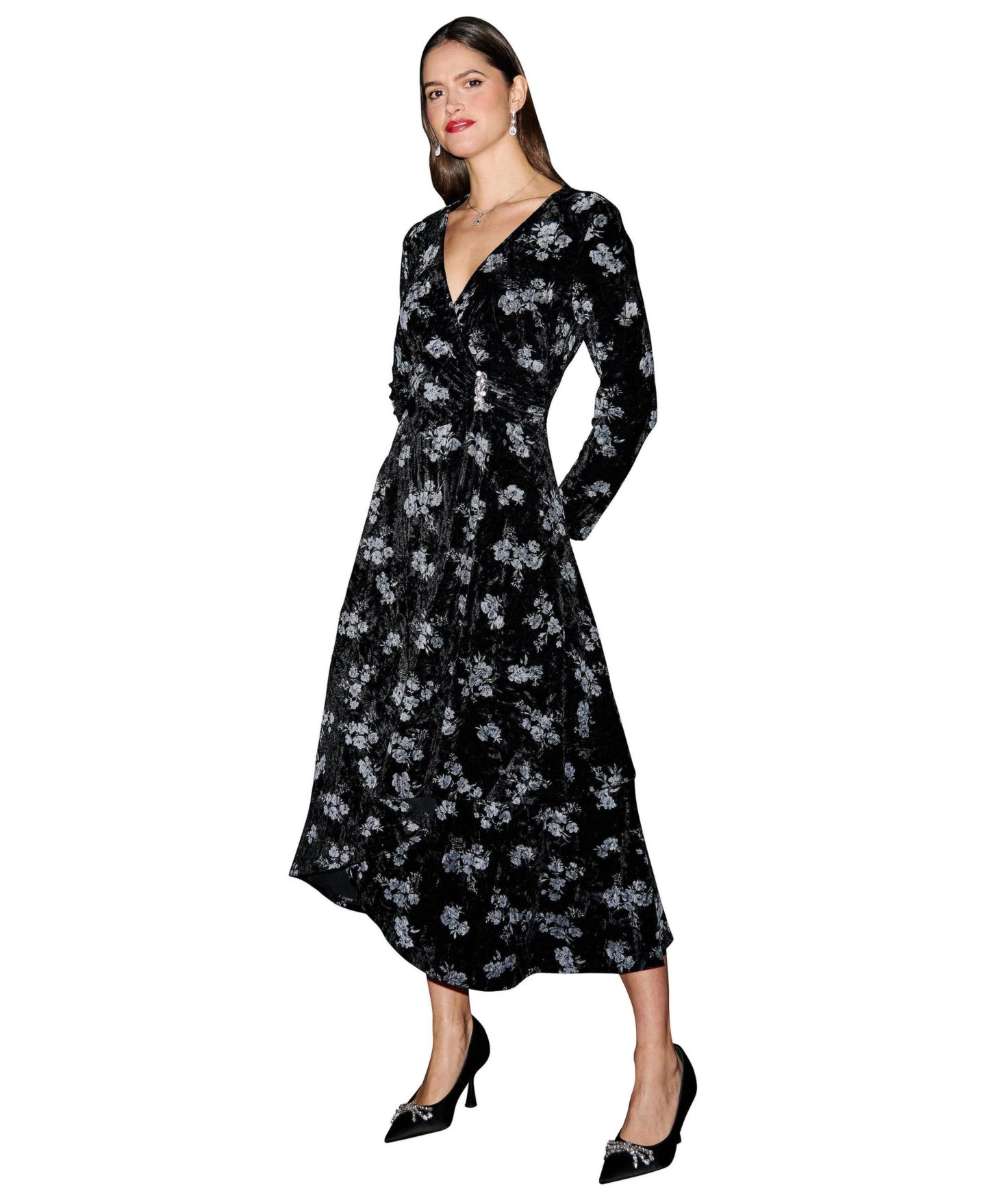 Женское платье Yumi Floral Velvet Midi Wrap, цвет: Чёрный — фото 1