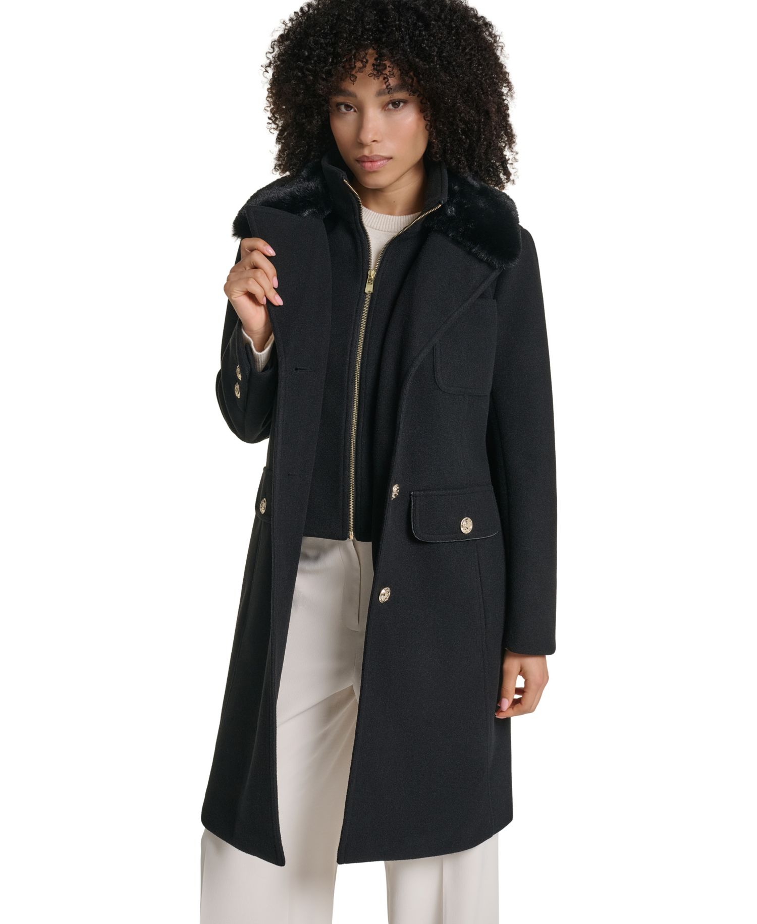 Women's Bibbed Faux-Fur Collar Lined Coat