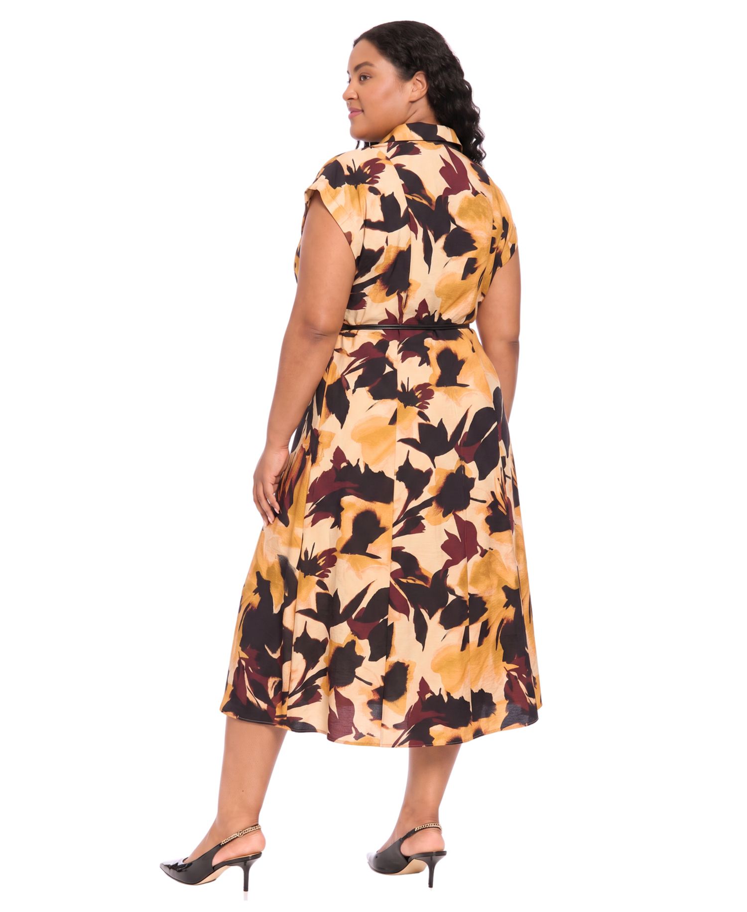 Plus Size Belted Collared Midi Floral Shirt Dress